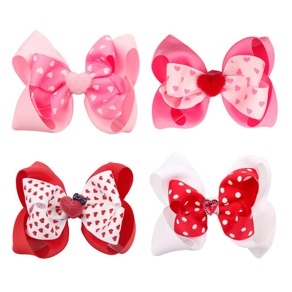 Heart Knotted Hair Bow With Clips Handmade Two Layers Grosgrain Ribbon Print Valentine's Day Headwear Girls Hair Accessories