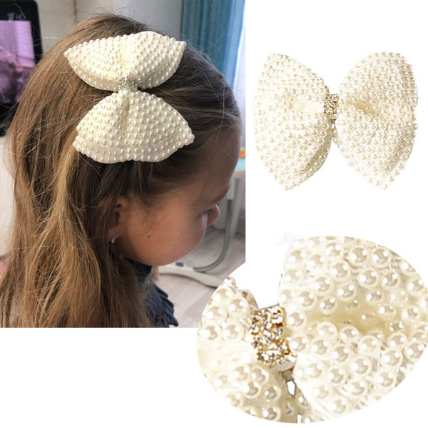 Lovely White Pearl Hair Bows Butterfly With Rhinestone Knot Hair Clips For Girls Fashion DIY Hair Accessories