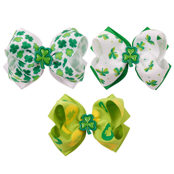 4 Inch Hair Bow Green Hair Clips Printed Shamrock Hair Accessories For Girls St patrick's day Headwear Boutique Clover Knot Bows