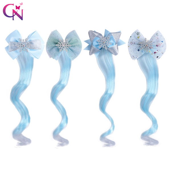 Glitter Snowflake Hair Clips Long Wig For Girls Kids Organza Lace Hair Bows Barrettes Princess Hair Accessories