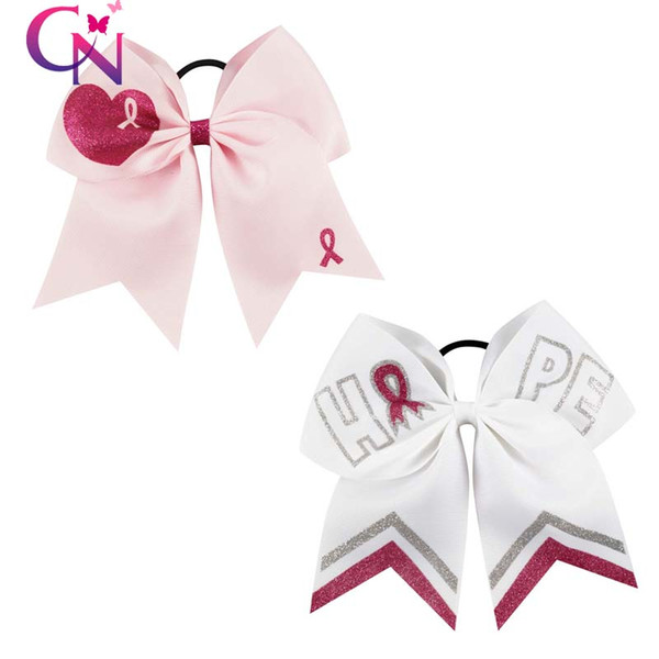 New Design Glitter Breast Cancer Cheer Bow Glitter Cheerleading Cheer Bow WIth Ponytail Holder For Cheerleader