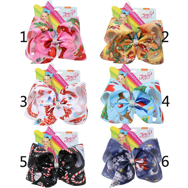 7'' Christmas JOJO Siwa Big Ribbon JOJO Bows Cute Santa Claus Print Hair Bows Rhinestone Knot Hair Clip Fashion Hair Accessories