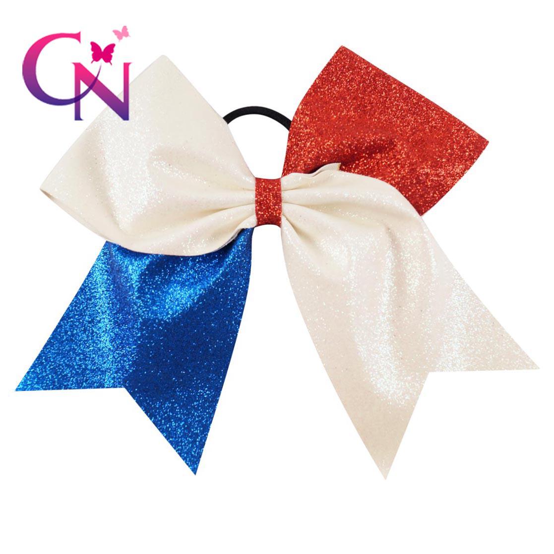 Glitter 4th of July Cheer Bow With Ponytail Jumbo Flag Color Cheerleading Bows For Girl