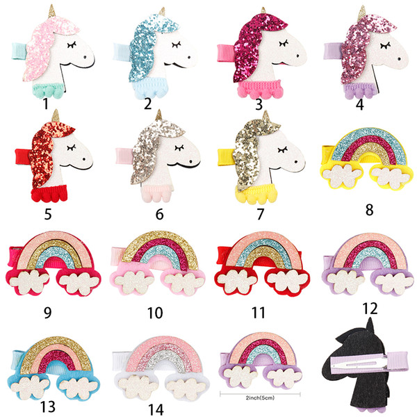 CN air Accessories 2'' Glitter Hair Bows For Fashion Korea BB Hair Clips Sweet Unicorn Rainbow Patch Barrettes Cute HairPins