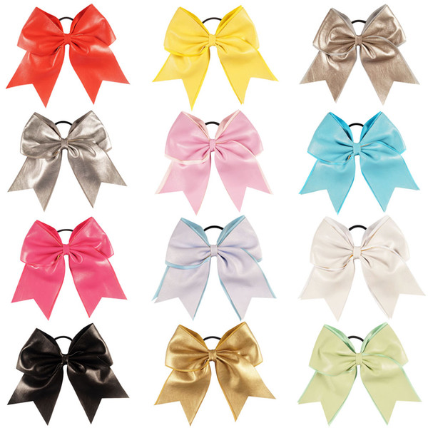 8 Inch Leather Cheer Bow With Elastic Hair Tie For Cheerleader Girl Elastic Bands For Baby