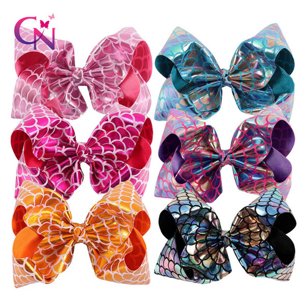 8 Inch Big Colorful Boutique Dragon Fish Scale Fashion Hair Bow On Clip Christmas Gifts Hair Clips