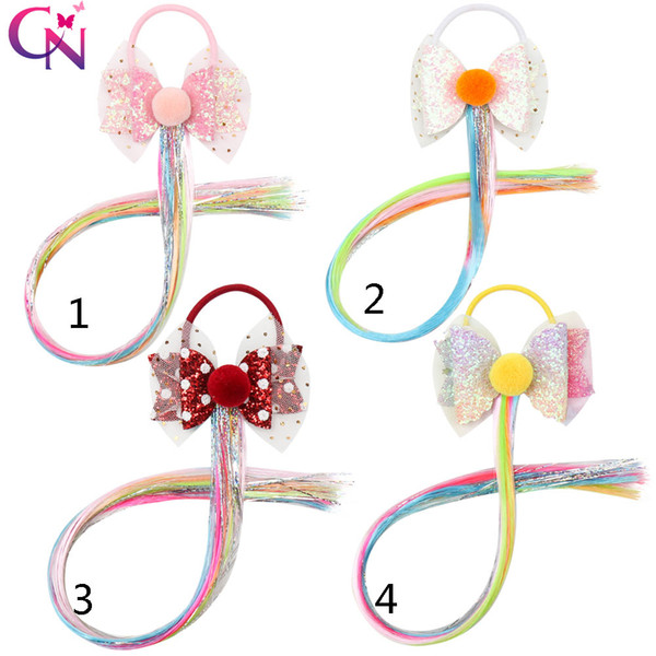 Girls Elastic Hair Tie Rope With Long Wig Ponytails Handmade Fur Ball Net Yarn Glitter Hair Bows Hair Accessories