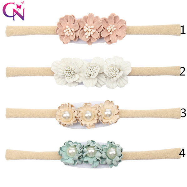 Bebe Flower Headband With High Elastic Band Newborn Pearl Nylon Headband Artificial Flower Kids Hair Accessories FREE SHIPPING