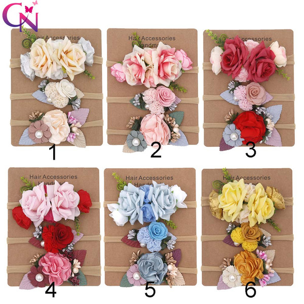 3Pcs/set Hair Accessories Flower Headband Baby Girls Handmade Newborn Elastic Princess Hairbands Party Floral Nylon Headbands