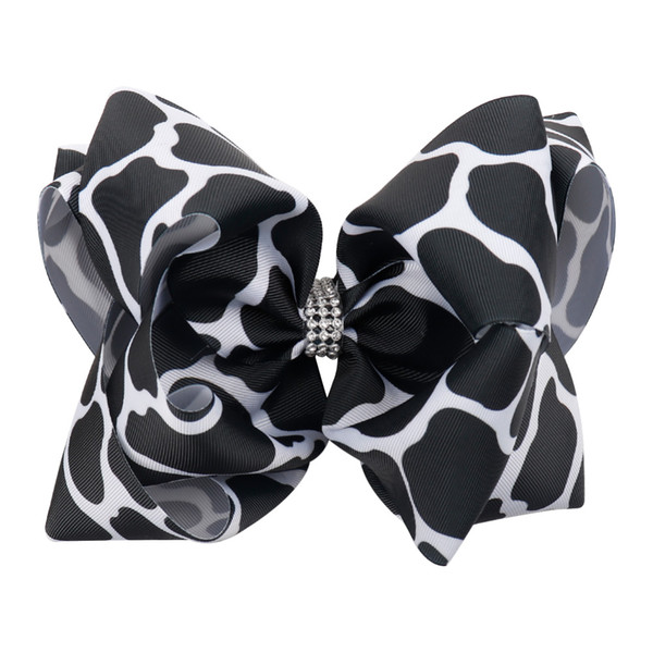 8 Inch Big Cow pattern Hair Bows Boutique Hair Clip With Rhinestone Knotted Grosgrain Ribbon Handmade Headdress Hair Accessories