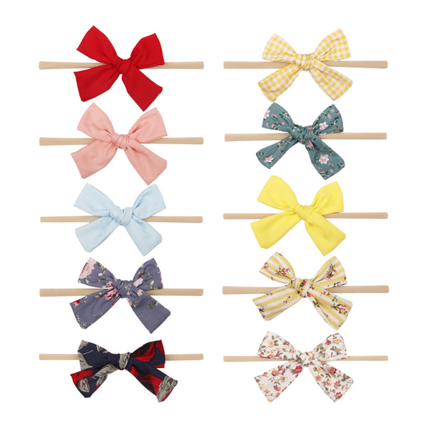 Hair Accessories Elastic Hair Bands Nylon Headbands For Girls Kids Newborn Red Plaid Floral Fabric Bow-knot Head Wear