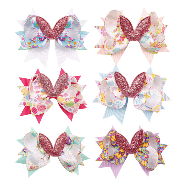 3'' Easter Day Rabbits Hair Bows for Girls Glitter Bowknot Multi Layers Ribbon Hairbow Kids Hairgrips Hair Accessories