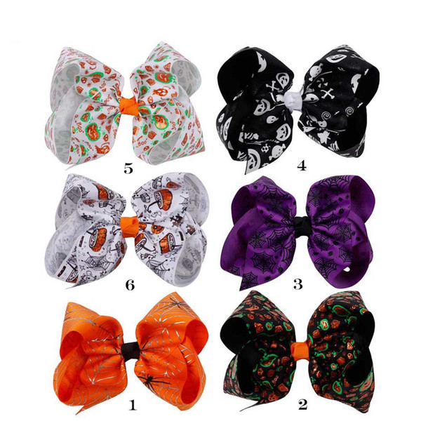 6 Inch Large Halloween Printed Hair Bows Bling Pumpkin Spider Web Hair Clips For Teens Girls Festival Knotted Hair Accessories