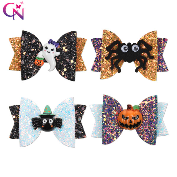 3 Inch Glitter Hair Bows with Pumpkin Hairgrips Halloween Hair Clips for Gilrs Dance Party Barrettes Hair Accessories