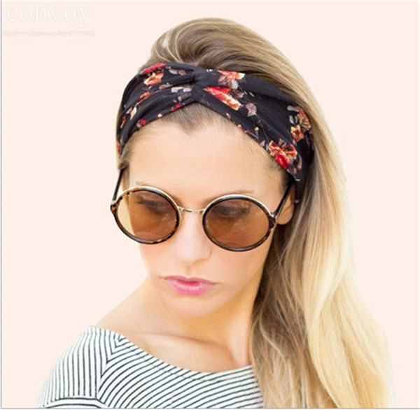 Newest Womens Floral Elastic Wide Stretch Summer Beach Bohemian Headbands Sport Yoga Cross Headwraps 9 colors Cotton Bandana Turban WHA64