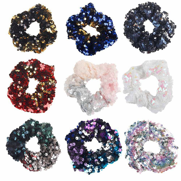 Women Girls reversible Shiny Sequin Scrunchies Glitter Hair Ties Ponytail Holders Rope Dance scrunchy Elastic Hair Bands Accessories FJ3354