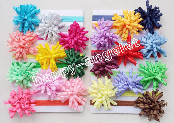 Girl Boutique Solid Korker curly Ribbon Hair clips bows Elastic Iridescent headband baby corker hair bands Christening hair ties 20pcs PD01