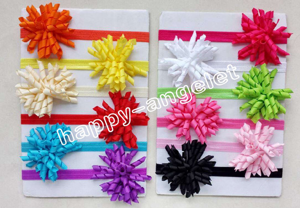 Girl Boutique Solid Korker curly Ribbon Hair clips bows Elastic Iridescent headband baby corker hair bands Christening hair ties 50pcs PD01