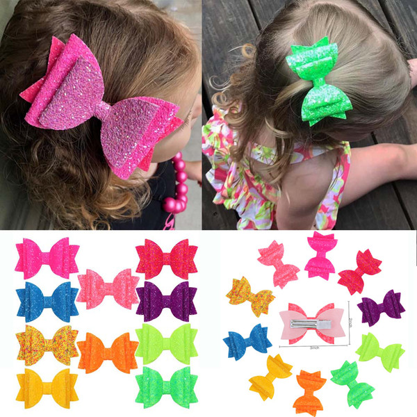 3'' Neon Hairbows For Girls Colorful Glitter Three Layers Swallowtail Hair Clips Neon Color Mini Hairpins Party Hair Accessories