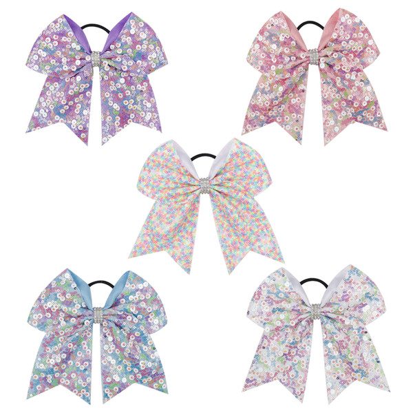 7 Inch Rainbow Sequin Cheer Bows Rhinestone Bow-knot Hair Bows With Elastic Hair Bands For Girls Cheerleading Hair Accessories