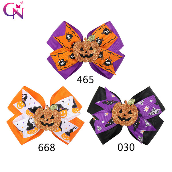 4.5 inch Halloween Hair Bow for Girls With Smile Pumpkin Printed Ribbon Hairgrips Trick or Treat Festival Party Headwear Hair Accessories