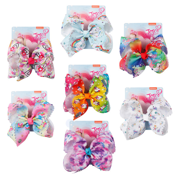 7'' Large Rainbow Hair Bows Horn Horse Printed With Rhinestone Round Lace Hair Clips Girls Jumbo Bow Handmade Hair Accessories