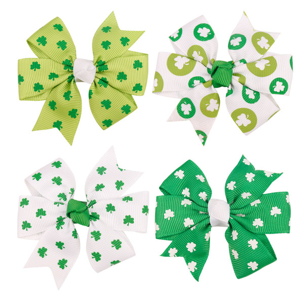 Lucky Shamrocks Printed Pinwheel Hair Bow for Girls Grosgrain Ribbon Hair Clips Handmade St.Patrick's Day Hair Accessories