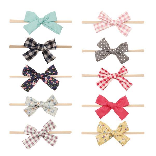 Flower Nylon Headband Plaid Solid Printed Hair Bow Baby Hairband Top Bowknot Handmade Elastic Girls Hair Accessories