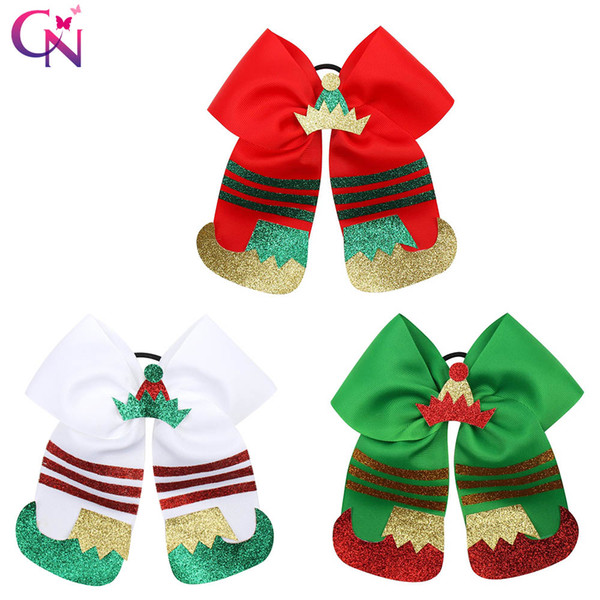 Christmas Cheer Bow With Elastic Hair Band For Girls Glitter Hat Shoes Rubber Band Xmas Decoration Festival Gift Party Hair Accessories