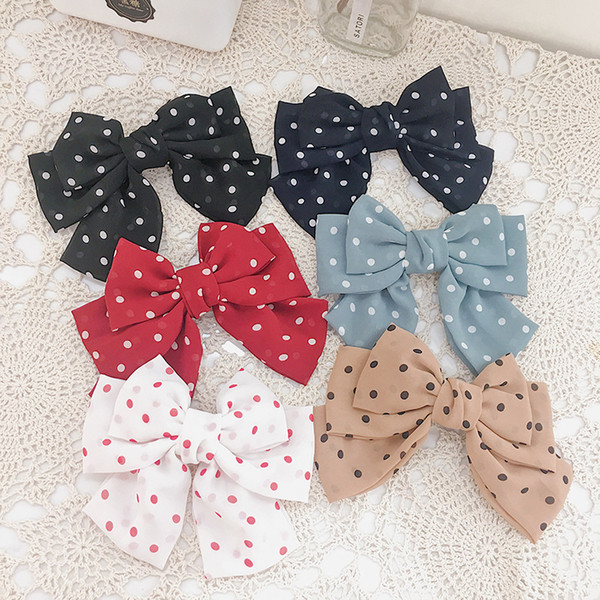 Chiffon Dot Print Hair Bow With Spring Hair Clip For Woman French Turban Barrettes Large Polka Dot Bow Hair Accessories