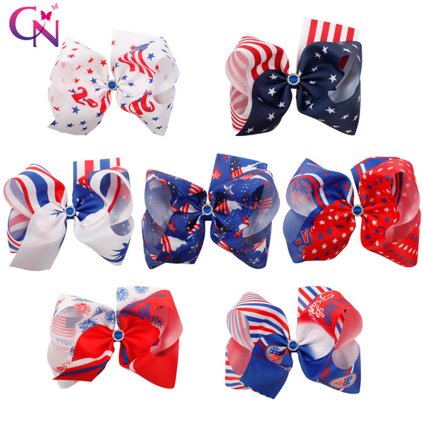 8'' American Flag Jumbo Hair Bows 4TH of July Rhinestone Knotted Hair Clips Handmade Grosgrain Ribbon Headwear Fashion Hair Accessories