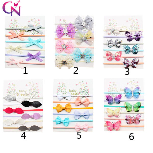 6 Pcs/lot Headband for Girls Nylon Hair Bands with Ribbon/Glitter/Leather/Organza Hair Bows Newborn Baby Hair Accessories