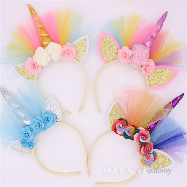 Baby Girls Unicorn Hair Sticks hair accessories princess lace Flower cat ear headband kid party headdress elastic hairhoop KFG35