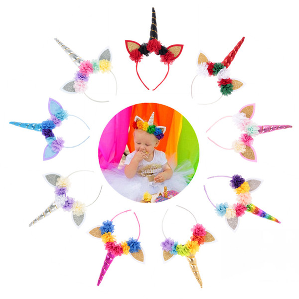 Baby Girls Hair Sticks hair accessories Unicorn Flower Chiffon headband kid Birthday party headdress elastic hairhoop KFG13