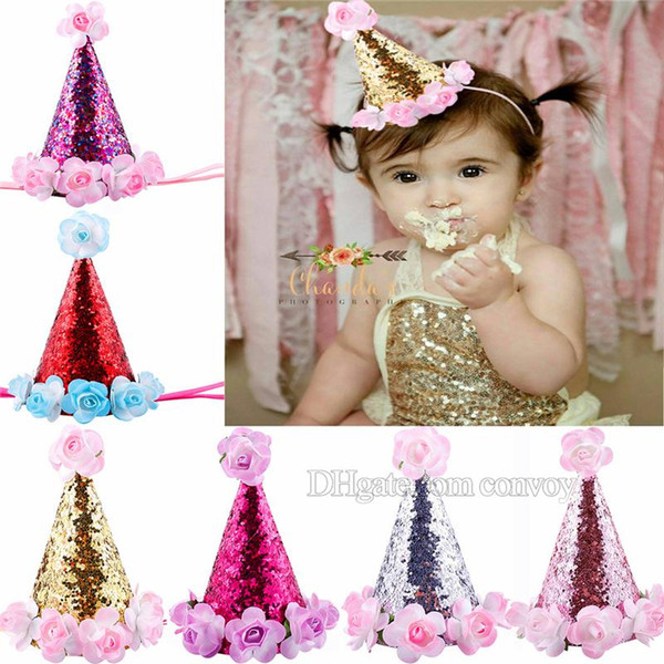 baby Flower Headbands Kids crown rose Hairband girls 1st birthday party supplies princess glitter tiara Hat boutique hair accessories KHA537