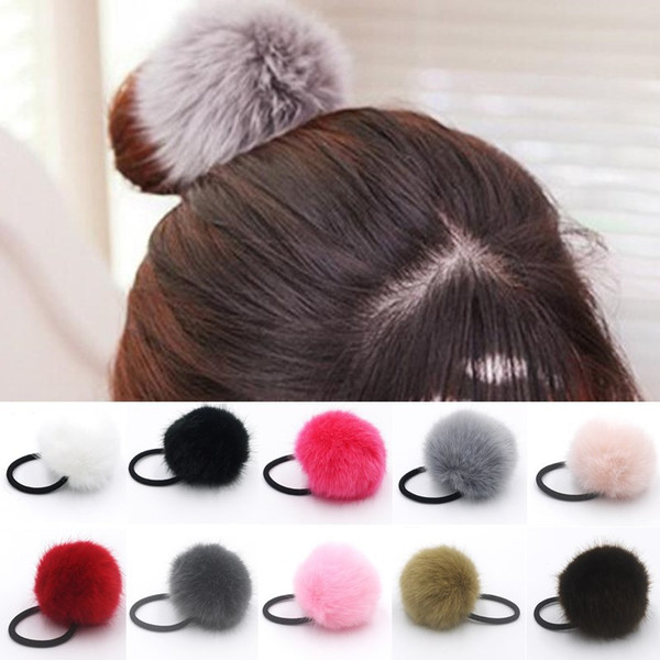 20pcs lady girl 6 cm Faux Fur Fluffy Ball Pom Pom scrunchies pompon elastic Ponytail Holder hair rope hair ties accessories headwear GR102