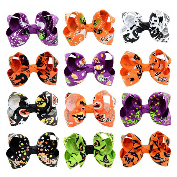 12 pcs 3.15 inch Halloween Grosgrain Ribbon Bows With Clip Ghost Pumpkin Pinwheel Hair Clips Hair Pin Accessories HD751