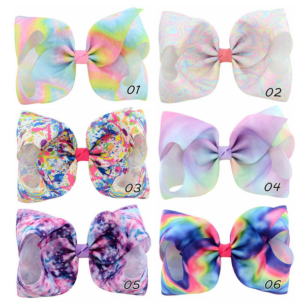 6pcs 8 Inch Large Rainbow Striped Gradient Print Grosgrain Ribbon Hair Bows With Clip For Kids Handmade Hair Accessory HD826