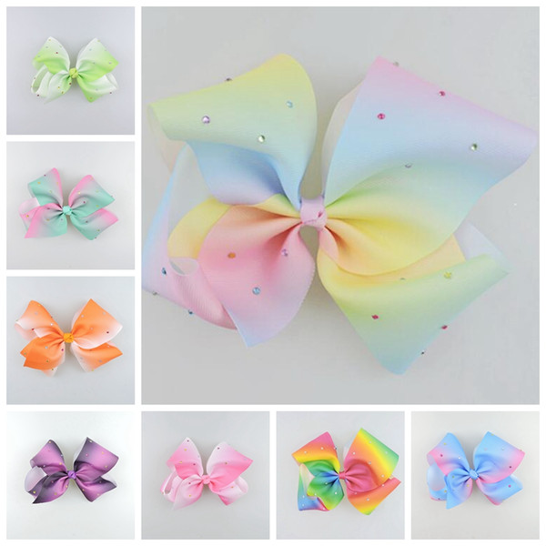 20pcs Jeweled Pastel flora ombre ribbon 18cm jojo big Signature hair bows Alligator clips crystal Rainbow Rhinestone Accessory HD3474