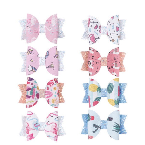 3'' Glitter Leather Hair Bows Lovely Cartoon Print Hair Clips For Princess Girls Handmade Hairgrips Hair Accessories