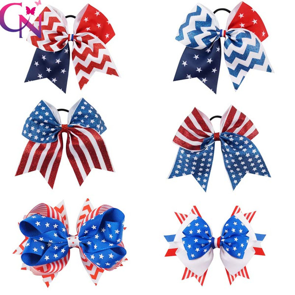 4th of July Cheer Bow Patriotic Glitter Elastic Hair Ties Cheerleader Bow With Ponytail Holder For Girl Cheerleader