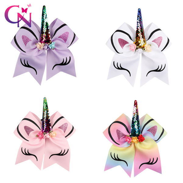 Princess Unicorn Cheer Bow With Ponytail Holder Ribbon Hair Bow HairClips For Girls Cheerleading Bows Girl Hair Accessories Hair Band