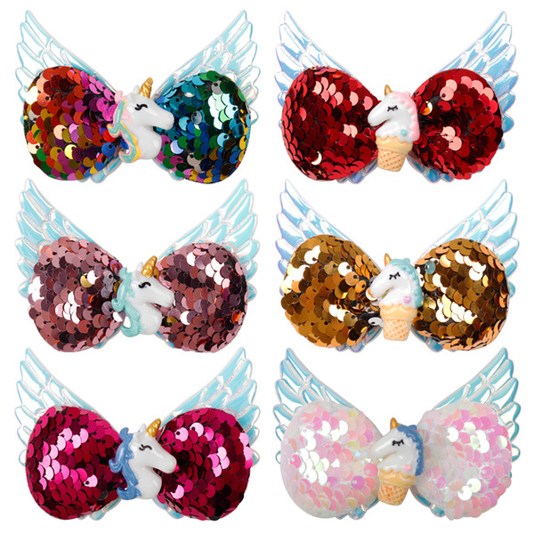 Hair Accessories Hair Bows Hairgrips for Girls Wings Reversible Sequin Barrettes with Resin Unicorn Bowknot Hairbows