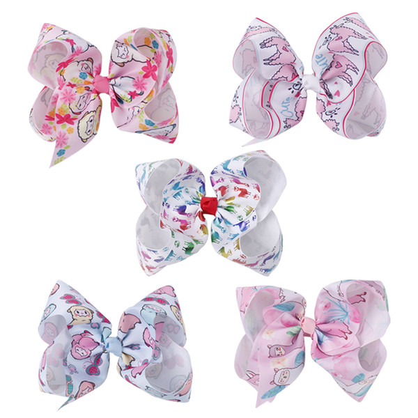 7 Inch Large Cartoon Alpaca Print Hair Bows Cute Sheep Rainbow Printed Hair Clips For Girls Hairbow Hairpins Hair Accessories