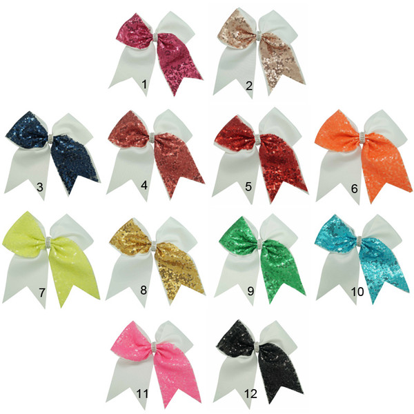 Wholesale 7 inch Half Sequin Girls Cheer Bows Grosgrain Ribbon Rhienstone Baby Kids Cheerleading Bows With Alligator Clip