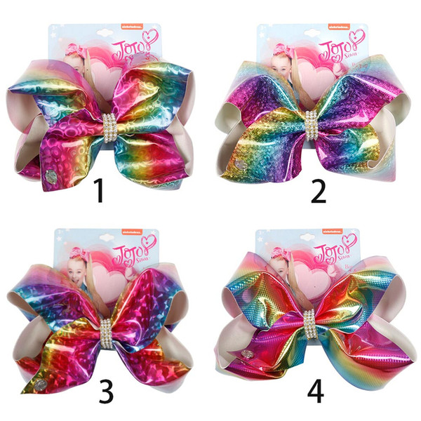 Hair Accessories 8'' Soft laser Leather Hair Bow with Rhinestone Bowknot Hair Clips for Girls Handmade Fashion Rainbow Headwear