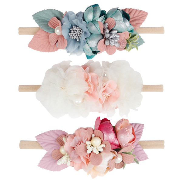 Beautiful Artificial Floral Headband Kids Lace Flower Nylon Head Bands For Newborn Elastic Hair Band Headwear Hair Accessories