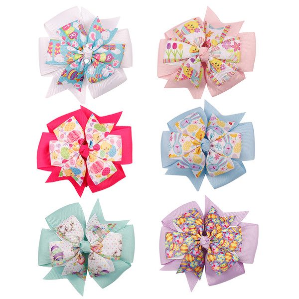 4'' Pinwheel Hair Accessories Easter Day Hair Clips For Kids Girls Printed Rabbit Eggs Hair Bows Handmade Hairgrips