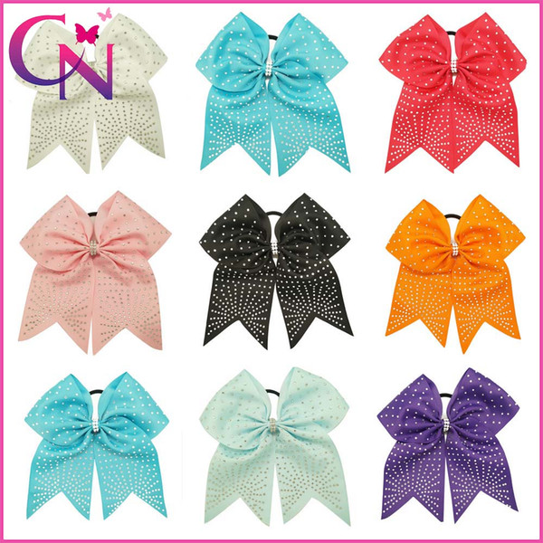 8 inch Large Hot Fix Rhinestone Girls Cheer Bow Handmade Children Baby Solid Ribbon Cheerleading Bows With Elastic Band