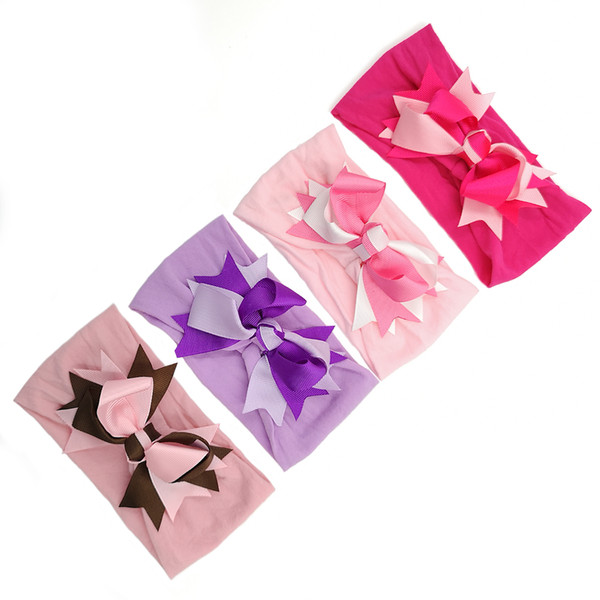 20pcs/lot 4Colors Grosgrain Ribbon Bow Nylon Headband Baby Elastic Hair Bow Solid Turban Head Wrap Hair Accessories Kidocheese